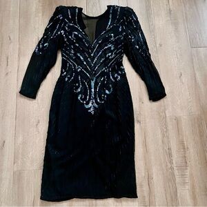 A.J. Bari 100% Silk Beaded Long Sleeve Cocktail Dress Black Size 10, Party Grown